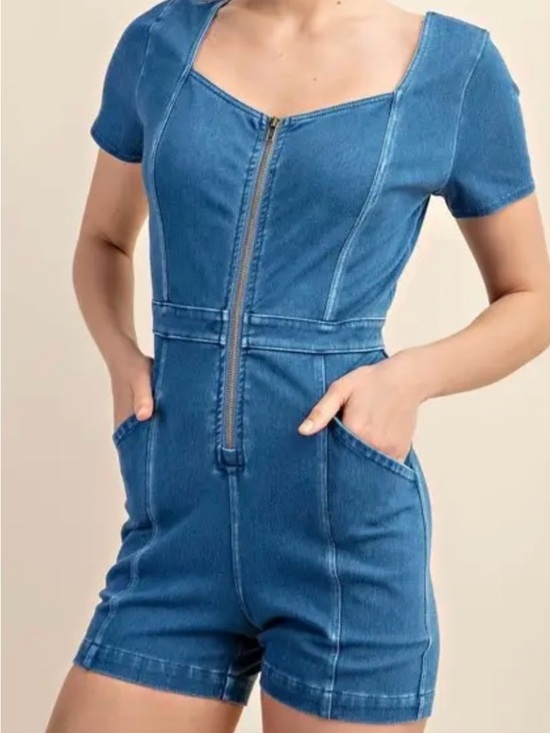 rae mode Pants - Blue Denim Zip-Front Short Romper